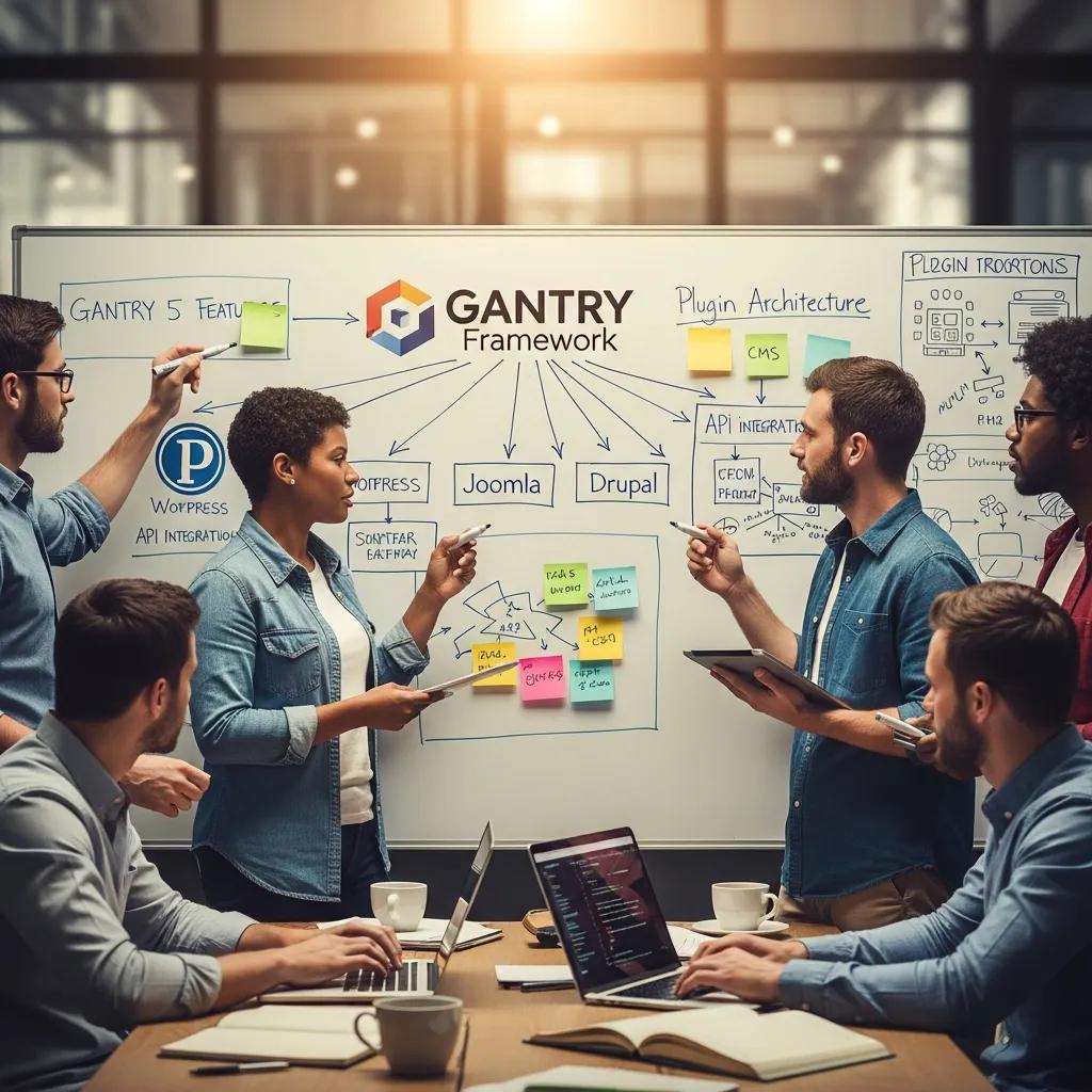Developers collaborating on Gantry Framework integration with CMS platforms